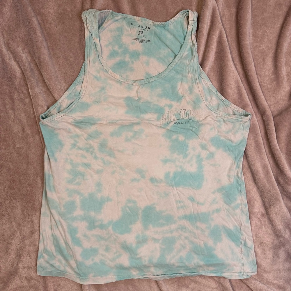 Men’s pac Sun casual tank top XL blue tie dye “paradise awaits” 100% cotton